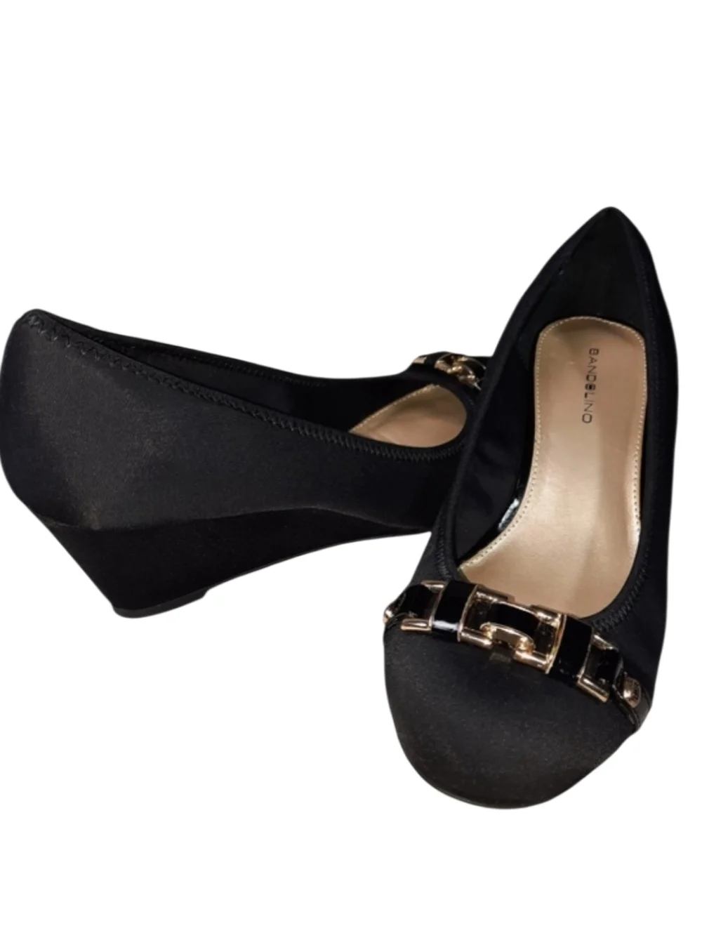 Bandolino Black Satin Chain Wedge Slip-On Homerun SZ 8.5M